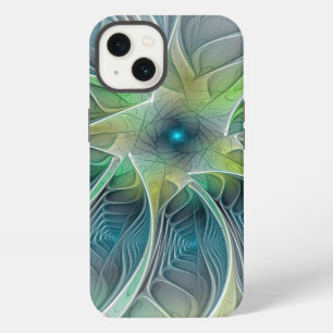 Etui iPhone 13 Fleur de fantaisie moderne bleue verte fractale