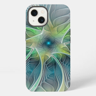 Etui iPhone 13 Fleur de fantaisie moderne bleue verte fractale