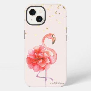 Etui iPhone 13 Fleur de flamant rose, confettis dorés