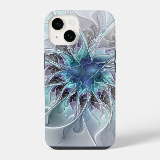 Coque iPhone Fleur de fractale moderne abstraite avec du bleu (Verso)