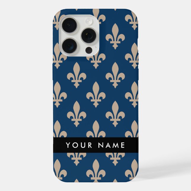 Coque iPhone Fleur de Lis, Beige on Navy Blue, Royal, Your Name (Verso)