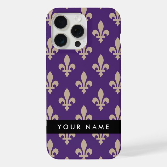 Coque iPhone Fleur de Lis, Beige on Purple, Royal, Your Name (Verso)