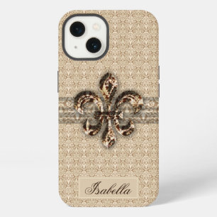 Etui iPhone 13 Fleur de Lis d'or avec motif Damas de crème