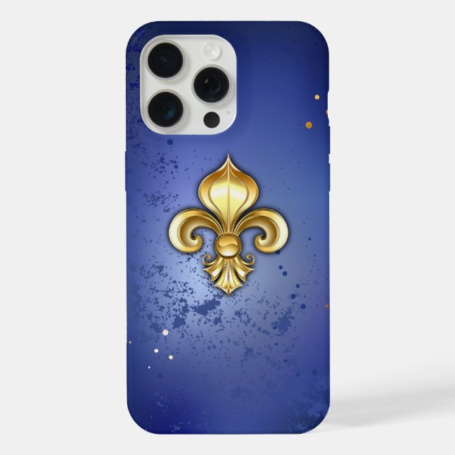 Coque iPhone Fleur de lis dorée sur fond bleu (Verso)