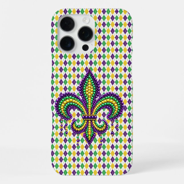 Coque iPhone Fleur de lis Mardi Gras vert jaune violet (Verso)