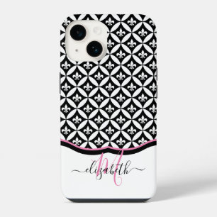Coque Pour iPhone 14 Fleur de Lis Motif Éternité Monogramme - Noir