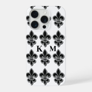 Coque iPhone 15 Pro Fleur De Lis noir et blanc