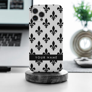 Coque iPhone 15 Pro Max Fleur de Lis, Noir sur Blanc, Noir, Votre Nom