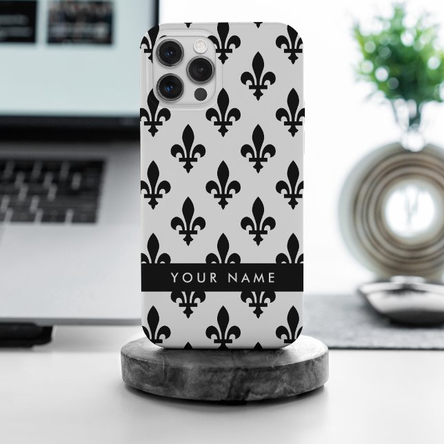 Coque iPhone Fleur de Lis, Noir sur Blanc, Noir, Votre Nom (Créateur téléchargé)