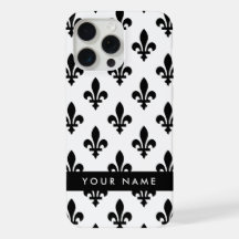 Fleur de Lis, Noir sur Blanc, Noir, Votre Nom