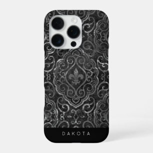 Coque iPhone 16 Pro Fleur de Lis Vintage Damassé Grunge Argent Noir