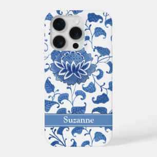Coque iPhone 15 Pro Fleur de lotus blanche bleue motif de poterie chin