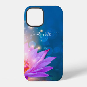 Coque iPhone 12 Fleur de lotus violette magnifique, lac, bleu, zen