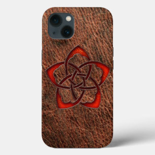 Etui iPhone 13 Fleur de nœud celtique orange sur cuir véritable