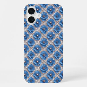 Coque iPhone 16 Plus Fleur de Pavot Bleu Luxe ✨ Perle Florale Élégant