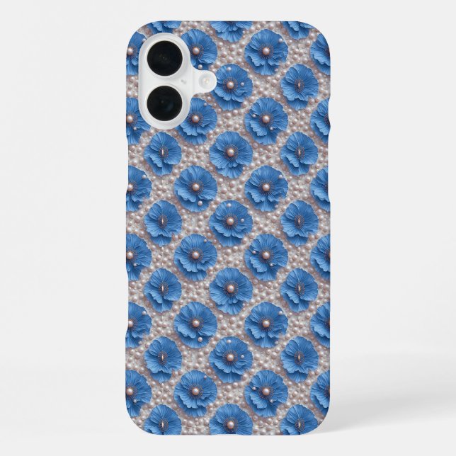 Coque iPhone Fleur de Pavot Bleu Luxe ✨ Perle Florale Élégant (Verso)