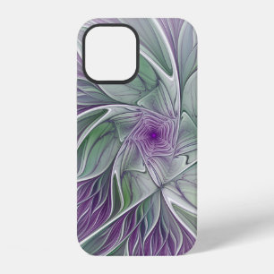 Coque iPhone 12 Fleur de rêve, art fractal abstrait violet vert