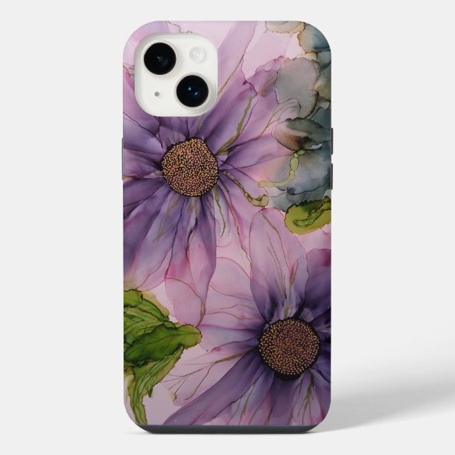 Coque iPhone fleur d'encre d'alcool rose et violet (Verso)