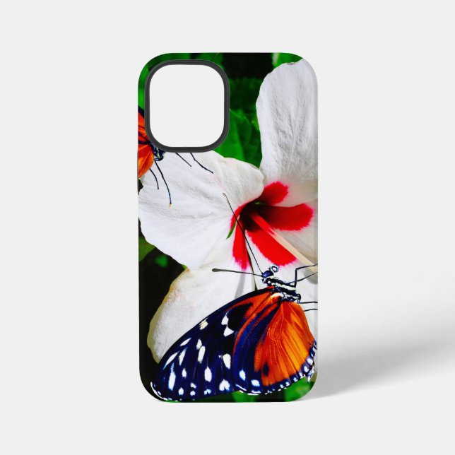 Coque iPhone Fleur d'Hibiscus avec 2 papillons à ailes longues (Verso)