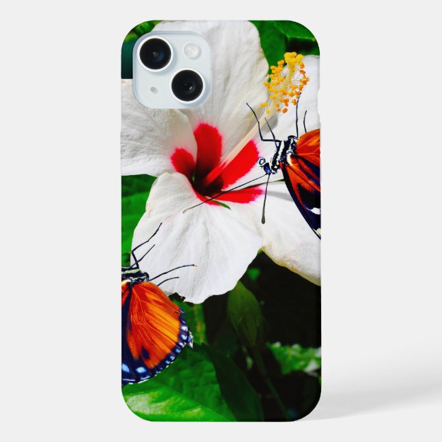 Coque iPhone Fleur d'Hibiscus avec 2 papillons à ailes longues (Verso)