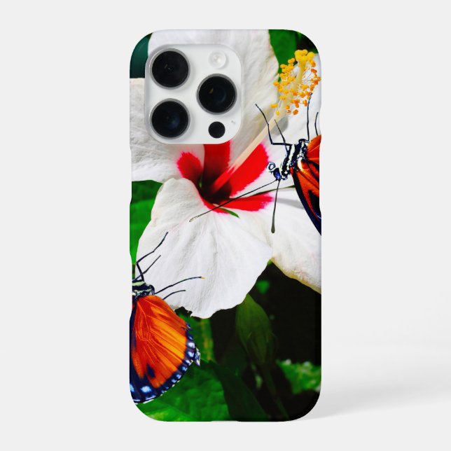 Coque iPhone Fleur d'Hibiscus avec 2 papillons à ailes longues (Verso)