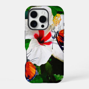 Coque iPhone 16 Pro Fleur d'Hibiscus avec 2 papillons à ailes longues