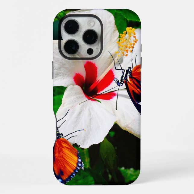 Coque iPhone Fleur d'Hibiscus avec 2 papillons à ailes longues (Verso)