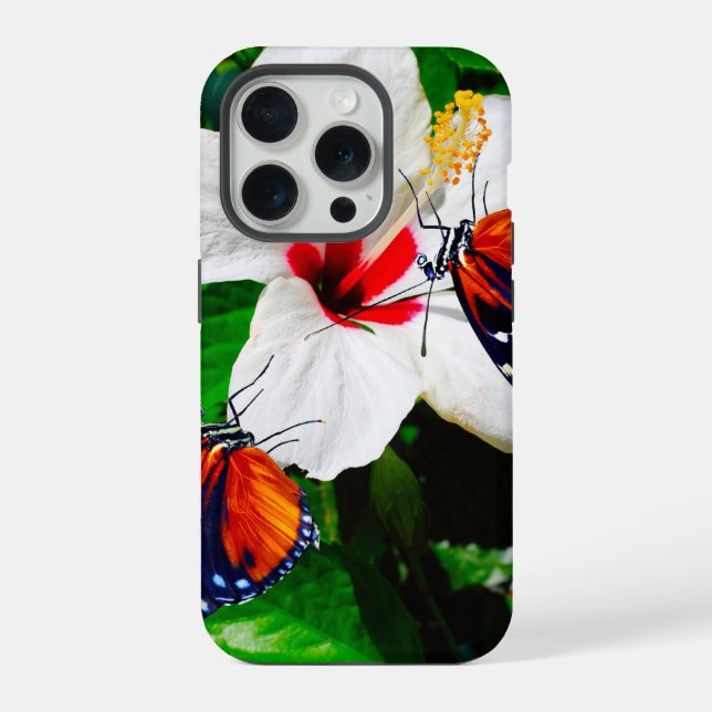 Coque iPhone Fleur d'Hibiscus avec 2 papillons Longwing du tigr (Verso)