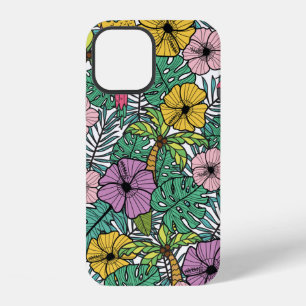 Coque iPhone 12 Fleur d'hibiscus tropical avec palmier, perroquets