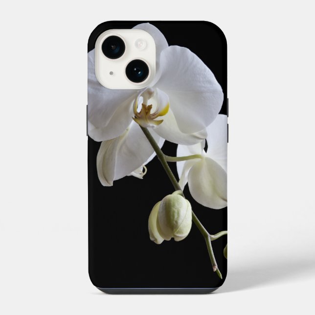 Coque iPhone Fleur d'orchidée blanche sur fond noir (Verso)