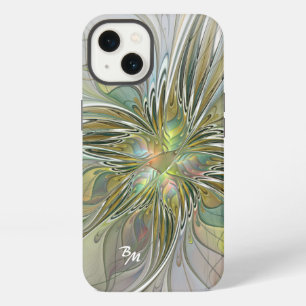 Etui iPhone 13 Fleur fractale de fantaisie florale avec initiales