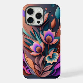 Coque iPhone 15 Pro Max Fleur fractale grise et kaki moderne abstraite pou