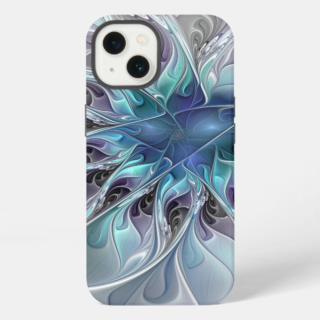 Coque iPhone Fleur fractale moderne abstraite avec du bleu (Verso)