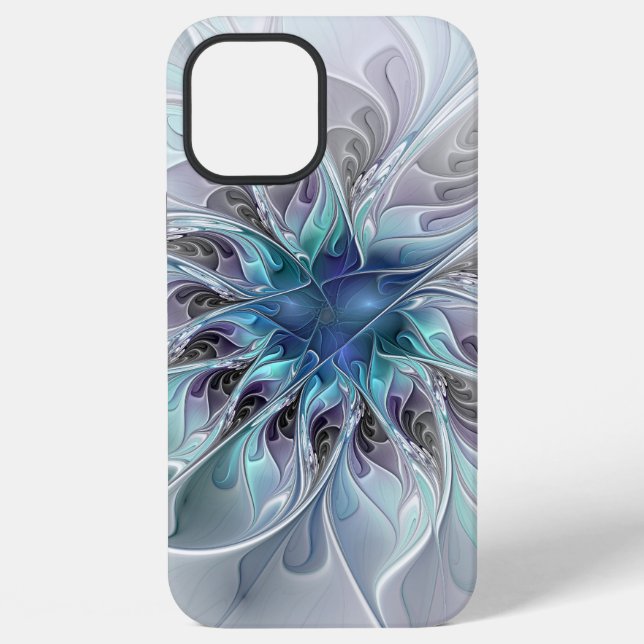 Coque iPhone Fleur fractale moderne abstraite avec du bleu (Verso)