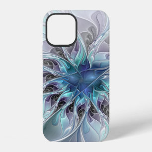 Coque iPhone 12 Fleur fractale moderne abstraite avec du bleu