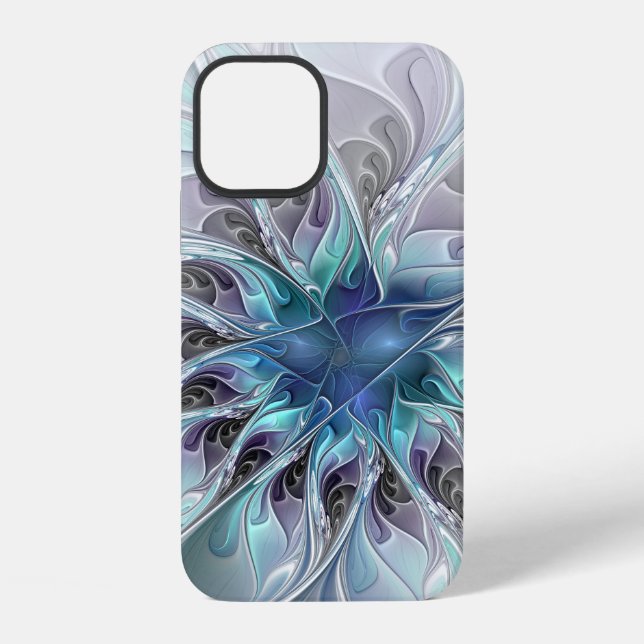 Coque iPhone Fleur fractale moderne abstraite avec du bleu (Verso)