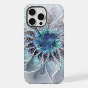Coque iPhone 15 Pro Max Fleur fractale moderne abstraite avec du bleu