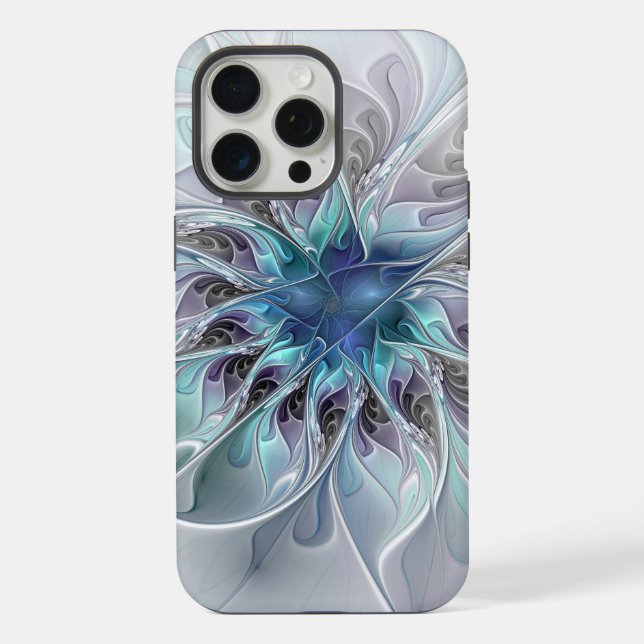 Coque iPhone Fleur fractale moderne abstraite avec du bleu (Verso)