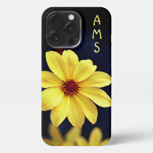 Etui iPhone 13 Pro Fleur Jaune Dahlia Élégante Avec Initiales