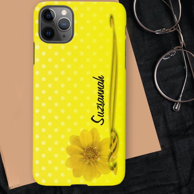 Coque iPhone Fleur Jaune Scroll Polka Dot Personnalisé (Créateur téléchargé)