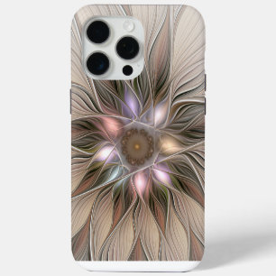 Coque iPhone 15 Pro Max Fleur joyeuse abstraite beige marron floral fracta