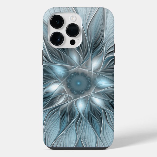 Coque iPhone Fleur joyeuse abstraite fleur bleue grise fractale (Verso)