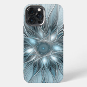 Etui iPhone 13 Pro Max Fleur joyeuse abstraite fleur bleue grise fractale