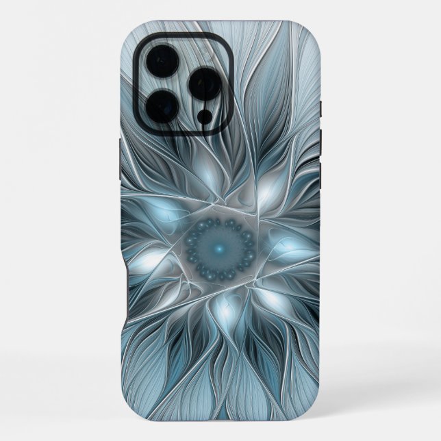 Coque iPhone Fleur joyeuse abstraite florale fractale bleu gris (Verso)