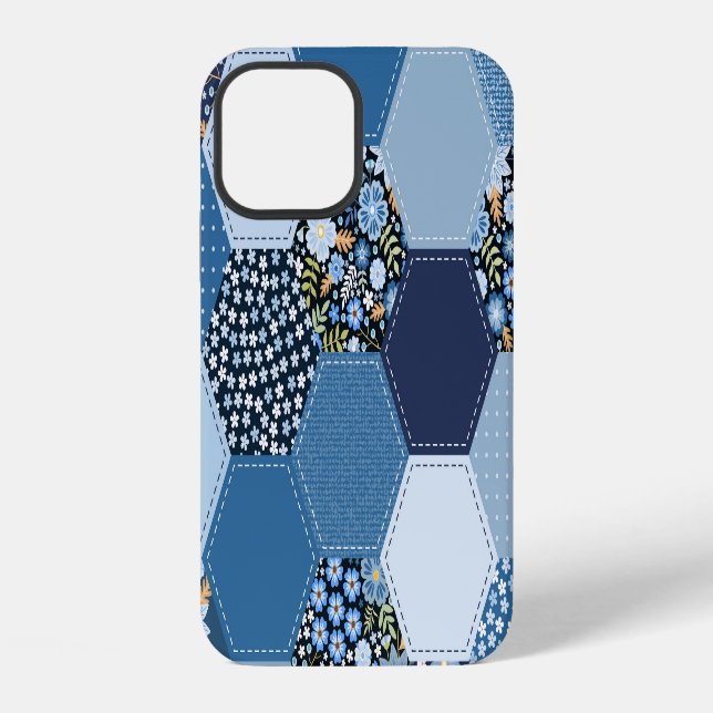 Coque iPhone Fleur, patchwork en jean : motif bleu. (Verso)