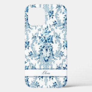 Coque iPhone 12 Fleur personnalisée Rococo français bleu et blanc