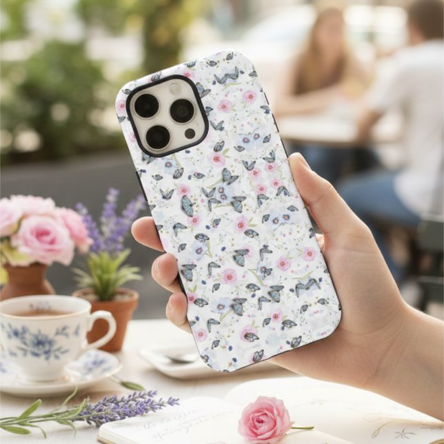 Coque iPhone Fleur rose élégante Papillon bleu Élégant motif (Créateur téléchargé)