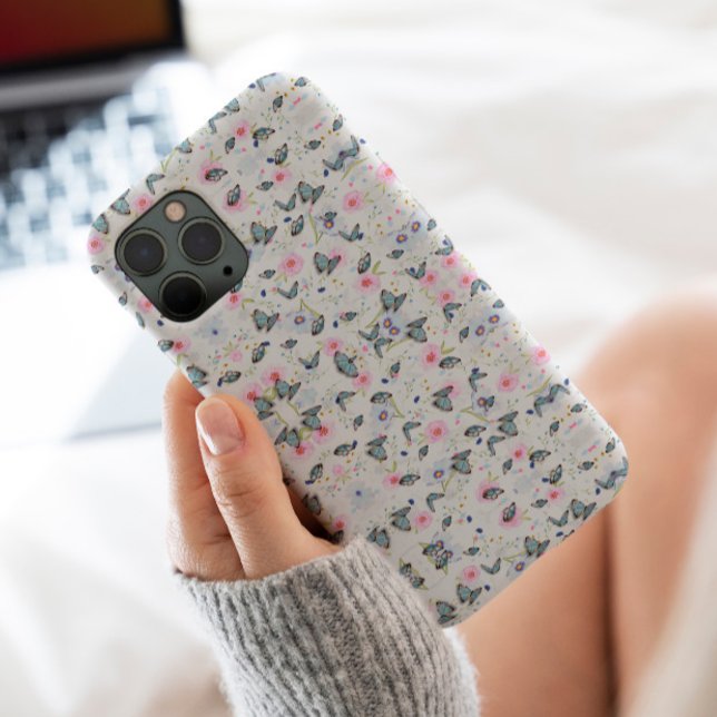 Coque iPhone Fleur rose élégante Papillon bleu Élégant motif (Créateur téléchargé)