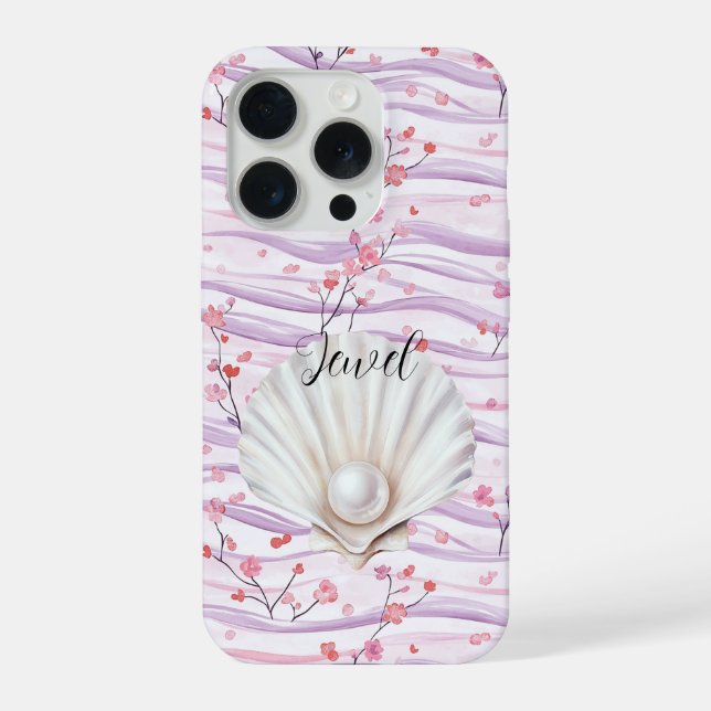 Coque iPhone Fleur rose rayures violettes coquille perle (Verso)