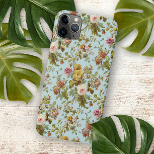 Coque iPhone 16 Pro Max Fleur rose Rose Bleu Motif Sur Bleu Clair